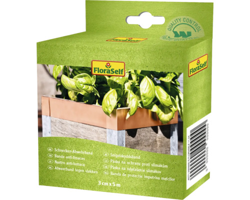 FLORASELF Afweerband tegen slakken 3 cm x 5 meter FloraSelf slakkenwerende band verpakking met afbeelding van plantenbak