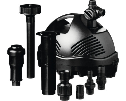 Vijverpomp met diverse sproeikoppen en verbindingsstukken