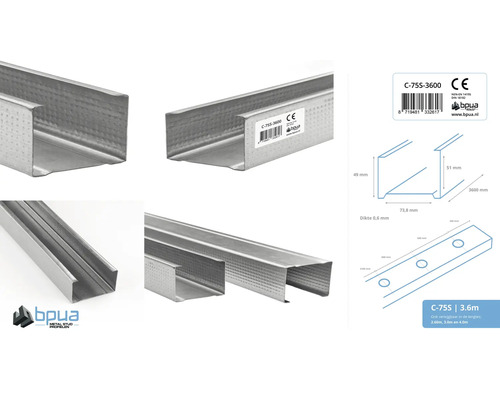 BPua C-75S metalen staanderprofiel, 3,6 meter, met technische tekeningen en logo