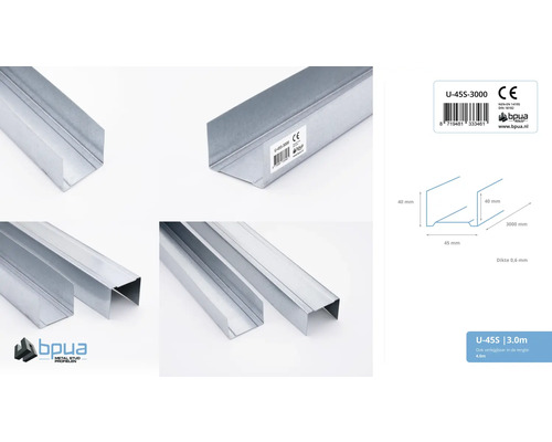 Metalen U-profiel, 3000 mm lang voor gipsplaten