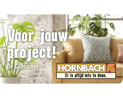 Woonkamer met kamerplanten, kussens en Hornbach logo. Voor jouw project.