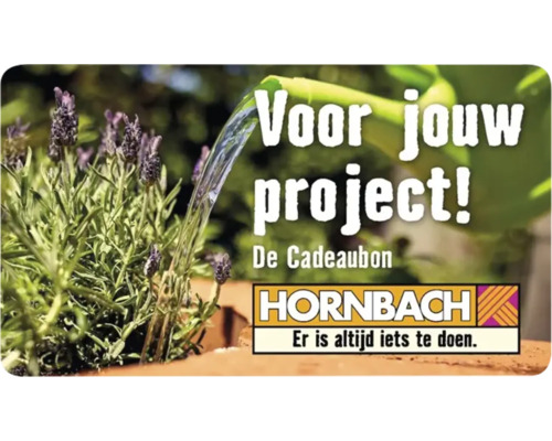 Hornbach Cadeaubon met de tekst Voor jouw project, afbeelding van een gieter die lavendel water geeft en Hornbach Logo.