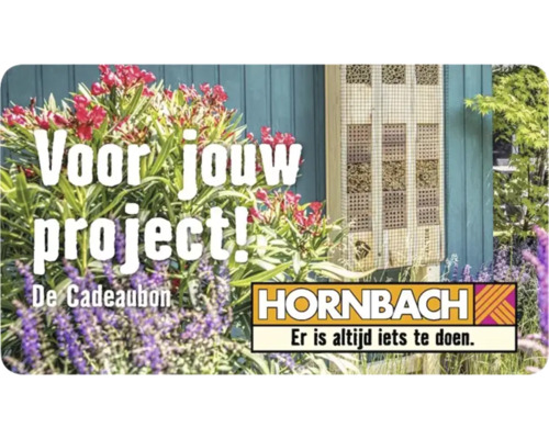 Hornbach cadeaubon met een insectenhotel aan een blauwe houten wand, omringd door bloeiende tuinplanten.