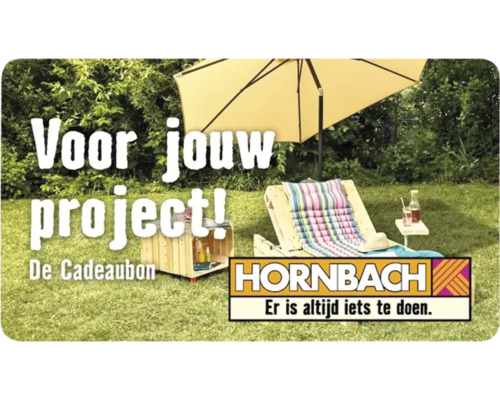 Hornbach cadeaubon voor tuinprojecten met een houten pallet ligstoel, kleurrijk kussen en parasol. Hornbach Logo.