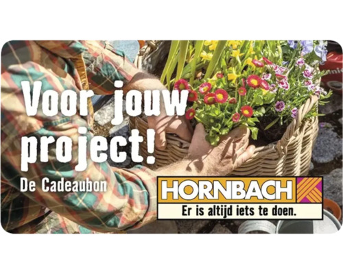 Man met mand met voorjaarsbloemen en Hornbach logo