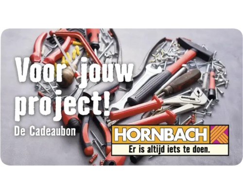 Hartvormige schikking van diverse gereedschappen en schroeven met de tekst Voor jouw project! De Cadeaubon en het Hornbach logo.