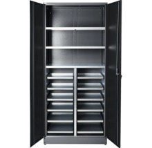 Open gereedschapskast met planken en laden