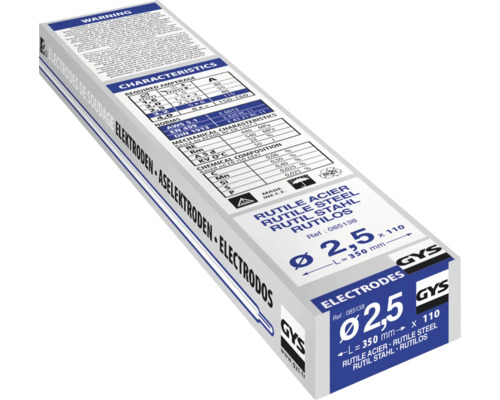 Verpakking GYS elektroden met het opschrift Rutile Acier Rutile Steel Rutil Stahl Rutilos diameter 2,5 x 110 millimeter