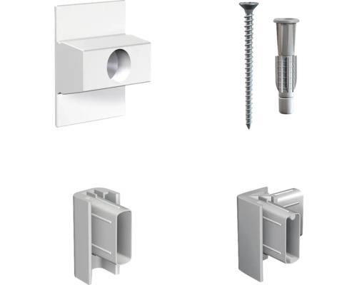 Bevestigingsmateriaal voor plinten, bestaande uit montageclips, schroeven en pluggen