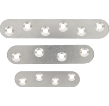 Drie metalen verbinders met meerdere gaten voor bevestiging