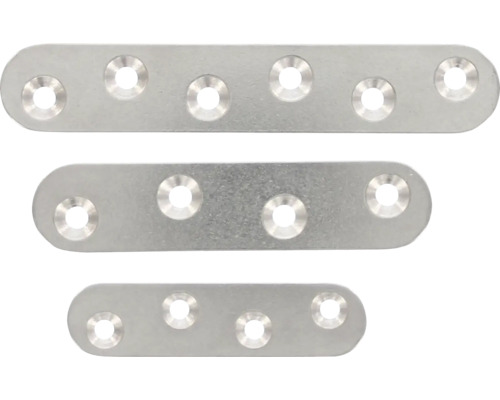 Drie metalen verbinders met meerdere gaten voor bevestiging