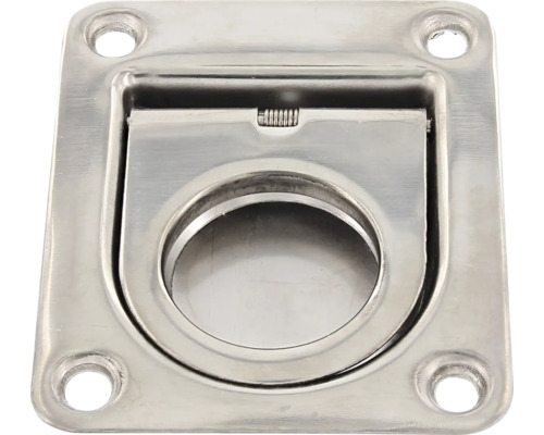 Een verzonken metalen klapgreep met vierkante basis en bevestigingsgaten.