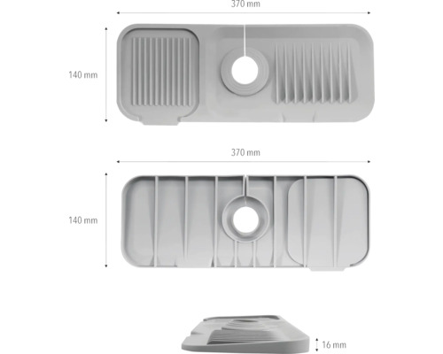 Afbeelding van een afdruiprek met de afmetingen 370 mm bij 140 mm en een hoogte van 16 mm.