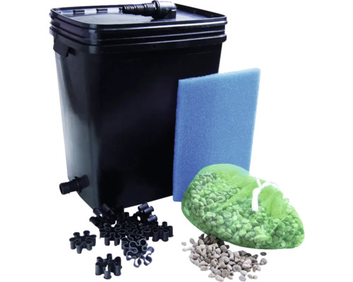 Vijverfilterset met filterreservoir, filterspons, filtermateriaal en verbindingsstukken