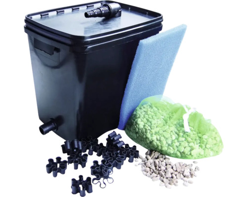 Vijverfilterset met filterreservoir, filterspons, filterstenen en verbindingsstukken
