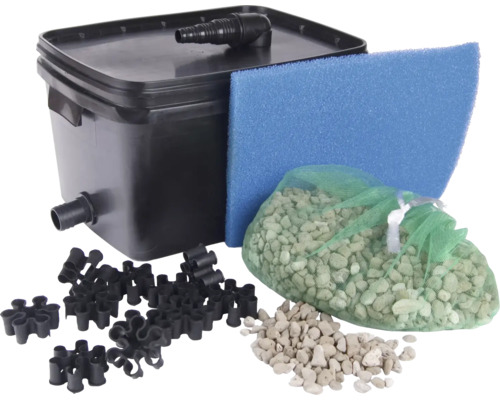 Vijverfilterset met filterreservoir, filterschuim, filterstenen en verbindingsstukken