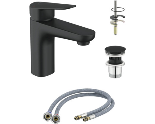 Wastafelkraan in zwart met montageaccessoires en flexibele aansluitslangen