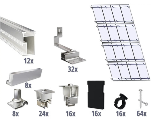 GEMS Montageset voor 16 modules (4x4) op schuin dak/ pannendak incl. 12x montagerail 3650 mm Componenten voor de installatie van zonnepanelen