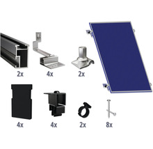 Componenten voor de installatie van zonnepanelen, inclusief montagerails, dakhaaken, module dragers, eindkappen, moduleklemmen, kabelklemmen en schroeven