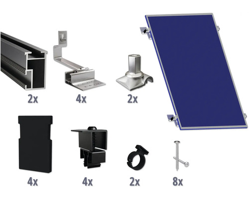 GEMS Montageset zwart voor 1 module op schuin dak/ pannendak incl. 2x montagerail 1200 mm Componenten voor de installatie van zonnepanelen, inclusief montagerails, dakhaaken, module dragers, eindkappen, moduleklemmen, kabelklemmen en schroeven