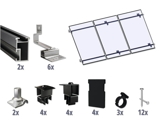 GEMS Montageset zwart voor 3 modules (3x1) op schuin dak/ pannendak incl. 2x montagerail 3650 mm Componenten voor de installatie van zonnepanelen op een dak.
