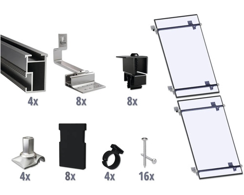 GEMS Montageset zwart voor 2 modules (1x2) op schuin dak/ pannendak incl. 4x montagerail 1200 mm Componenten voor de installatie van zonnepanelen met dakhaak, rails, klemmen en schroeven