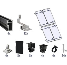 Componenten voor de installatie van zonnepanelen, waaronder rails, beugels, klemmen en schroeven.