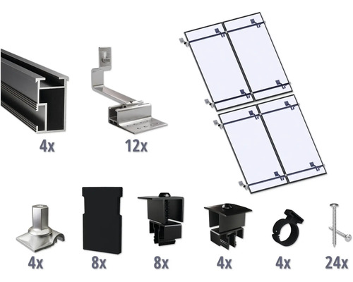 GEMS Montageset zwart voor 4 modules (2x2) op schuin dak/ pannendak incl. 4x montagerail 2400 mm Componenten voor de installatie van zonnepanelen, waaronder rails, beugels, klemmen en schroeven.
