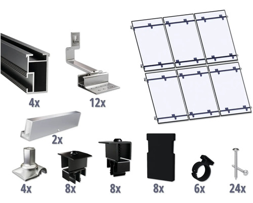 GEMS Montageset zwart voor 6 modules (3x2) op schuin dak/ pannendak incl. 4x montagerail 3650 mm Montageset voor zonnepanelen met diverse componenten en accessoires