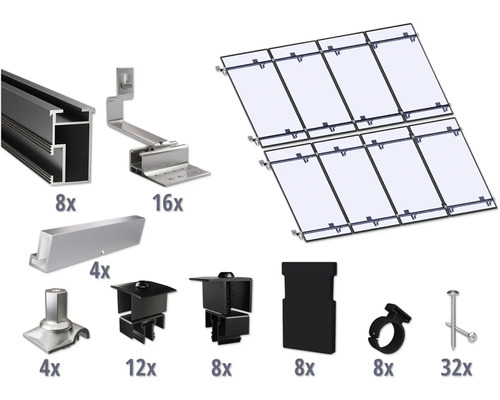 GEMS Montageset zwart voor 8 modules (4x2) op schuin dak/ pannendak incl. 8x montagerail 2400 mm Componenten voor de montage van zonnepanelen op het dak