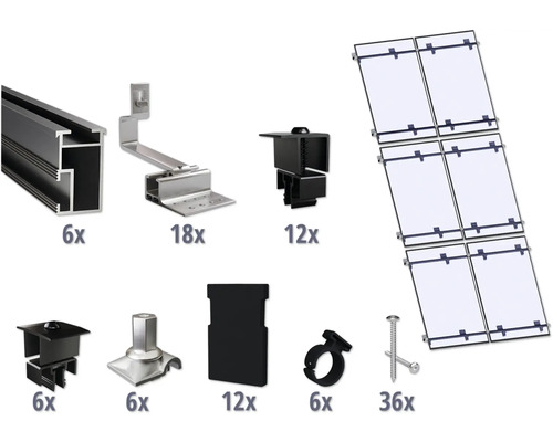 GEMS Montageset zwart voor 6 modules (2x3) op schuin dak/ pannendak incl. 6x montagerail 2400 mm Zonnepaneel montageset met profielrails, dakhaken en bevestigingselementen