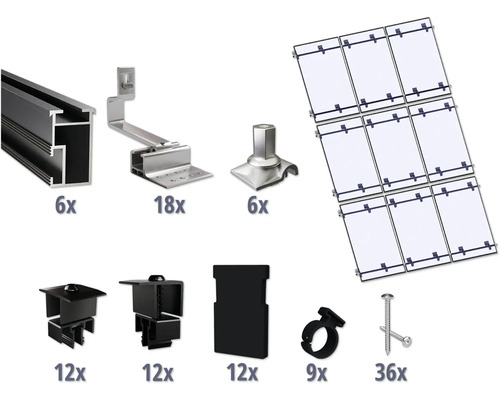 GEMS Montageset zwart voor 9 modules (3x3) op schuin dak/ pannendak incl. 6x montagerail 3650 mm Componenten voor de installatie van een zonnepaneelinstallatie met montagerails, dakhaken, moduleklemmen en schroeven