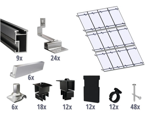 GEMS Montageset zwart voor 12 modules (4x3) op schuin dak/ pannendak incl. 9x montagerail 3650 mm Componenten voor de installatie van een fotovoltaïsche installatie