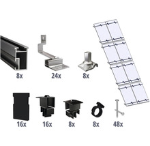 Montageset voor zonnepanelen met profielrails, dakhaken, eindklemmen, middenklemmen, dakdoorvoeren, kabelklemmen en schroeven