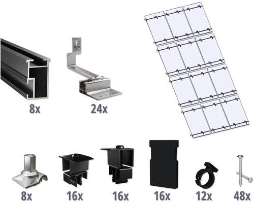 GEMS Montageset zwart voor 12 modules (3x4) op schuin dak/ pannendak incl. 8x montagerail 3650 mm Componenten voor een zonnepaneelinstallatie