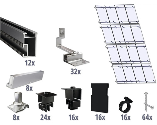 GEMS Montageset zwart voor 16 modules (4x4) op schuin dak/ pannendak incl. 12x montagerail 3650 mm Solarbevestigingssysteem met dakhaak, profielrails, moduleklemmen en schroeven