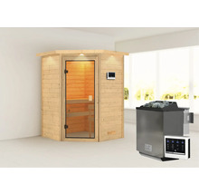 Houten sauna met glazen deur en saunakachel