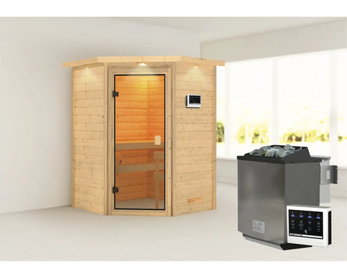 Houten sauna met glazen deur en saunakachel