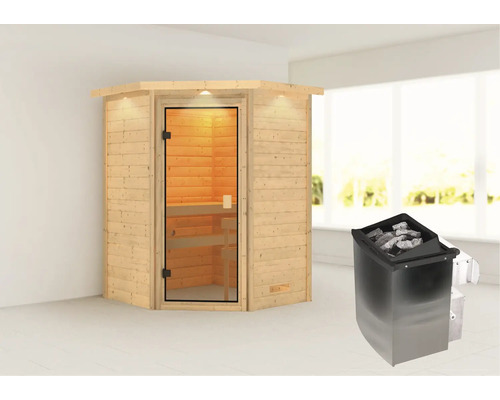 Houten hoeksauna met glazen deur en kachel