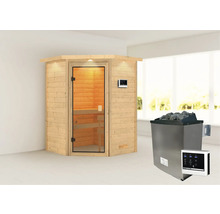 Sauna met kachel en digitaal bedieningspaneel voor de sauna-ervaring thuis.