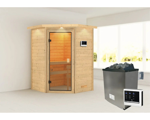 Sauna met kachel en digitaal bedieningspaneel voor de sauna-ervaring thuis.