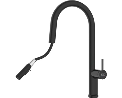 Zwarte keukenkraan met uittrekbare sproeier en KEO-logo