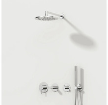 Opbouw douchesysteem met hoofddouche, handdouche en armaturen voor de badkamer.