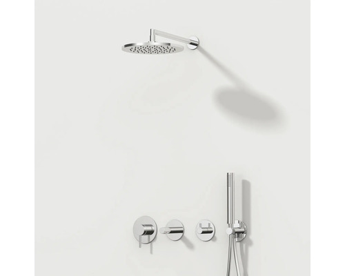 Opbouw douchesysteem met hoofddouche, handdouche en armaturen voor de badkamer.