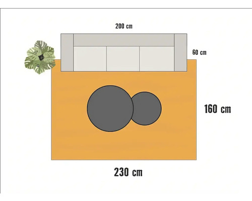 Schets van een zithoek met bank, tafel en plant met afmetingen