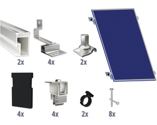 GEMS Montageset voor 1 module op schuin dak/ pannendak incl. 2x montagerail 1200 mm Zonne-energie bevestigingssysteem met montagerails, dakhaken, dakpannen, moduleklemmen en schroeven