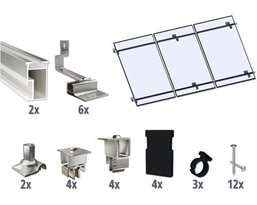 GEMS Montageset voor 3 modules (3x1) op schuin dak/ pannendak incl. 2x montagerail 3650 mm Componenten voor een zonnepaneelinstallatie