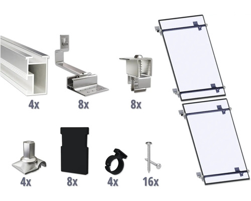GEMS Montageset voor 2 modules (1x2) op schuin dak/ pannendak incl. 4x montagerail 1200 mm Componenten voor de installatie van zonnepanelen op een dak