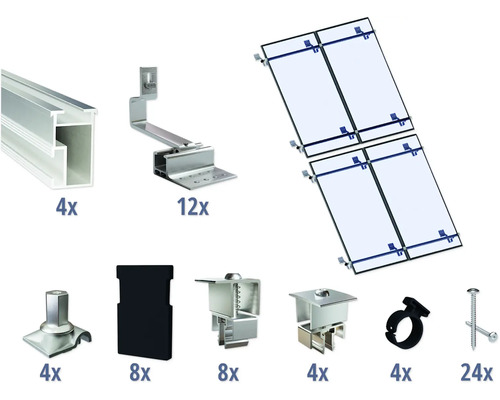 GEMS Montageset voor 4 modules (2x2) op schuin dak/ pannendak incl. 4x montagerail 2400 mm Componenten voor de montage van zonnepanelen