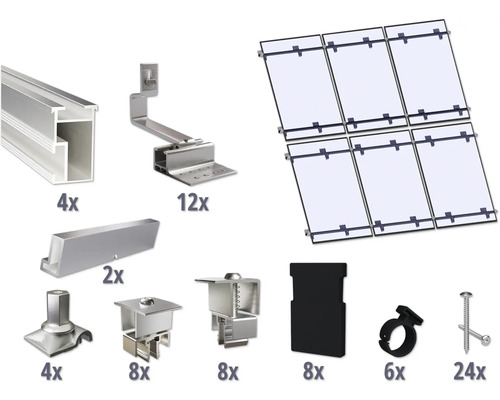 GEMS Montageset voor 6 modules (3x2) op schuin dak/ pannendak incl. 4x montagerail 3650 mm Montageset voor zonnepanelen met rails, haken, klemmen en schroeven